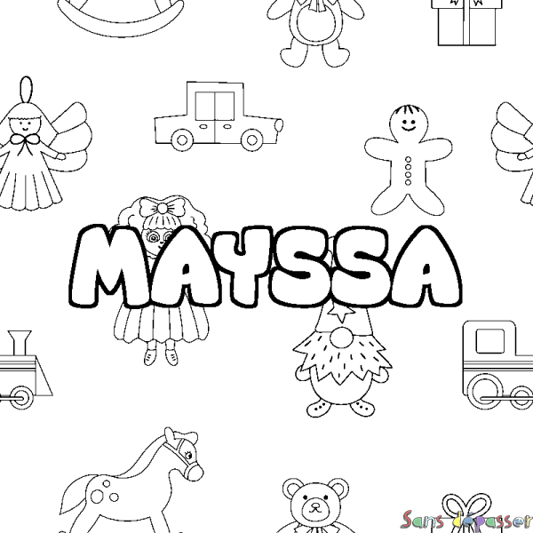 Coloriage pr&eacute;nom MAYSSA - d&eacute;cor Jouets