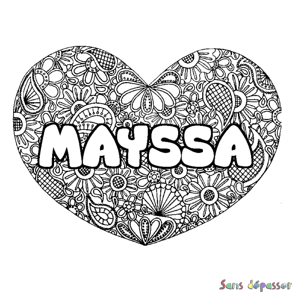 Coloriage pr&eacute;nom MAYSSA - d&eacute;cor Mandala coeur