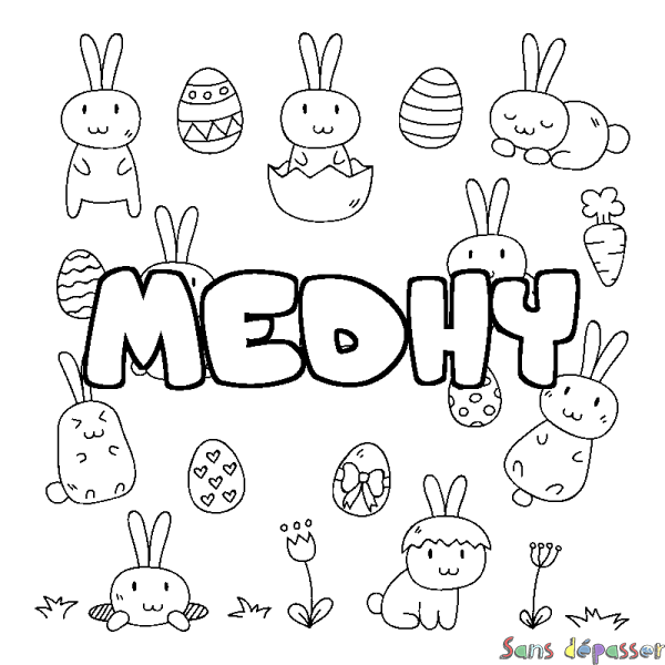 Coloriage pr&eacute;nom MEDHY - d&eacute;cor Paques