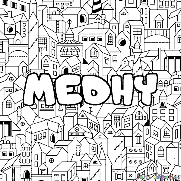 Coloriage pr&eacute;nom MEDHY - d&eacute;cor Ville