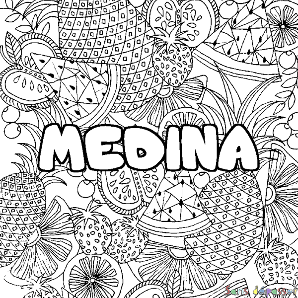 Coloriage prénom MEDINA - d&eacute;cor Mandala fruits