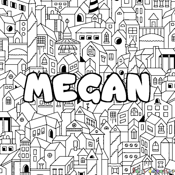 Coloriage pr&eacute;nom MEGAN - d&eacute;cor Ville
