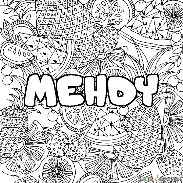Coloriage pr&eacute;nom MEHDY - d&eacute;cor Mandala fruits