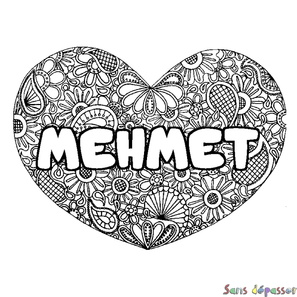 Coloriage pr&eacute;nom MEHMET - d&eacute;cor Mandala coeur