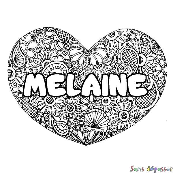 Coloriage pr&eacute;nom MELAINE - d&eacute;cor Mandala coeur