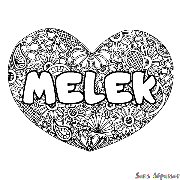 Coloriage pr&eacute;nom MELEK - d&eacute;cor Mandala coeur
