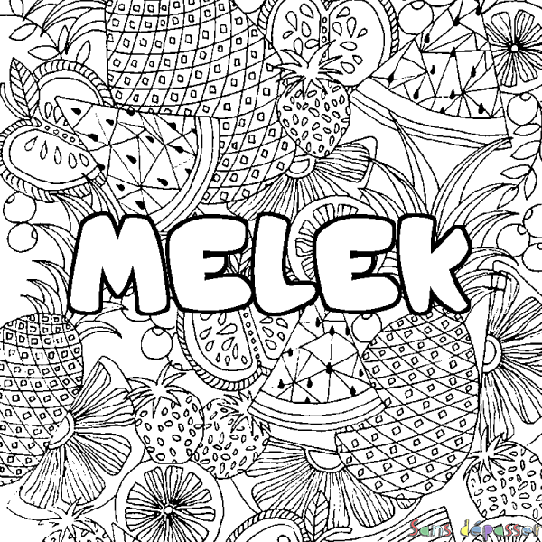 Coloriage pr&eacute;nom MELEK - d&eacute;cor Mandala fruits