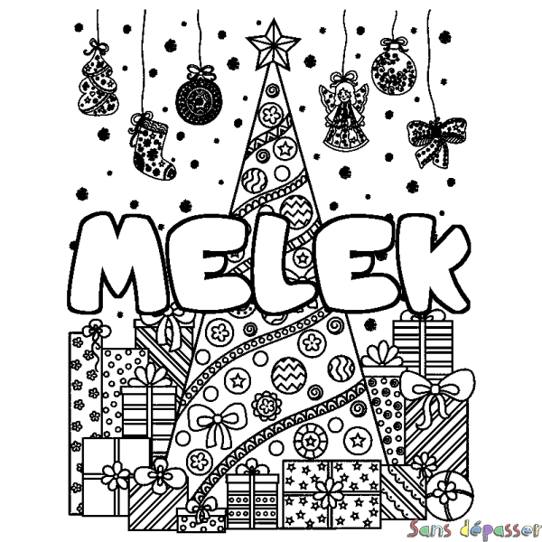 Coloriage prénom MELEK - d&eacute;cor Sapin et Cadeaux