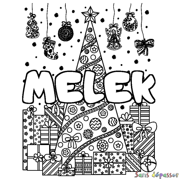Coloriage pr&eacute;nom MELEK - d&eacute;cor Sapin et Cadeaux