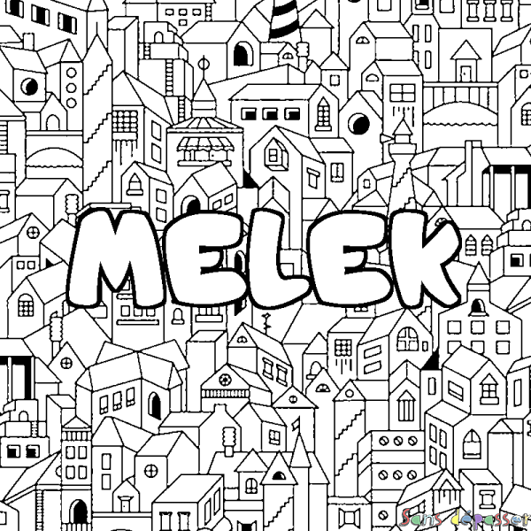 Coloriage pr&eacute;nom MELEK - d&eacute;cor Ville