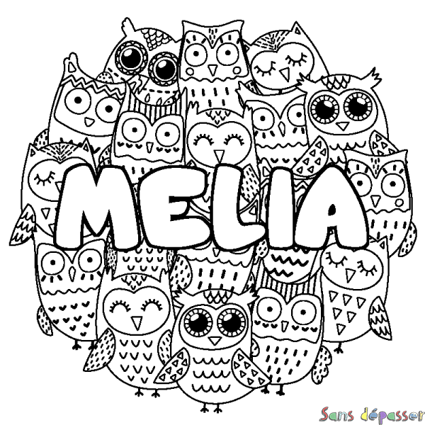 Coloriage pr&eacute;nom MELIA - d&eacute;cor Chouettes