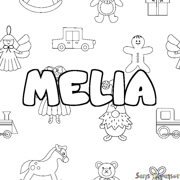Coloriage pr&eacute;nom MELIA - d&eacute;cor Jouets