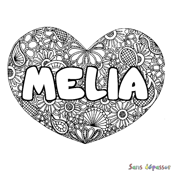 Coloriage prénom MELIA - d&eacute;cor Mandala coeur