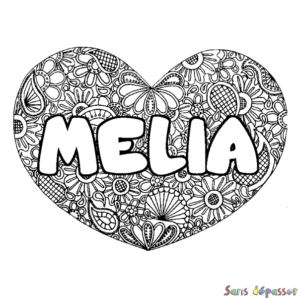 Coloriage pr&eacute;nom MELIA - d&eacute;cor Mandala coeur