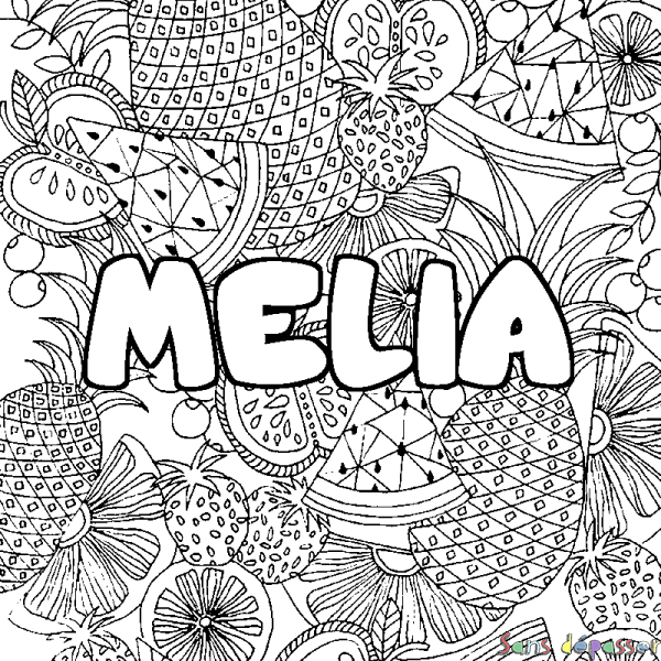 Coloriage prénom MELIA - d&eacute;cor Mandala fruits
