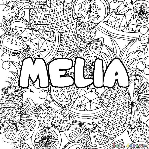 Coloriage pr&eacute;nom MELIA - d&eacute;cor Mandala fruits