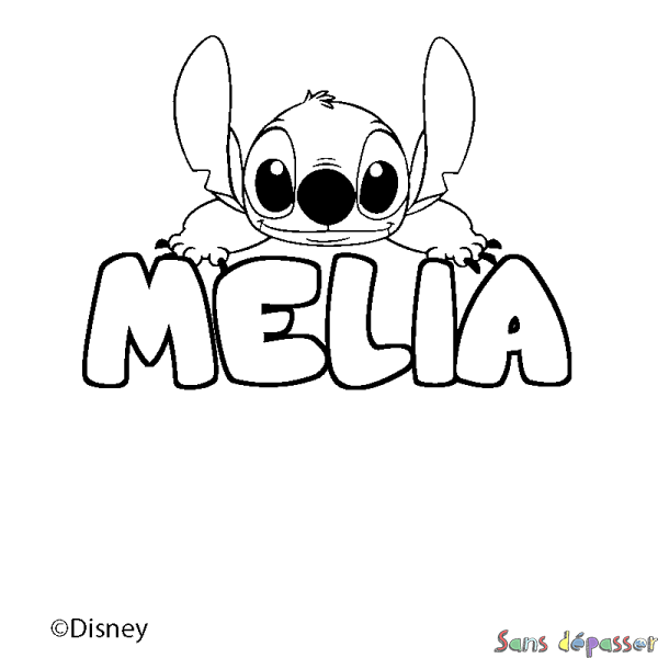 Coloriage pr&eacute;nom MELIA - d&eacute;cor Stitch