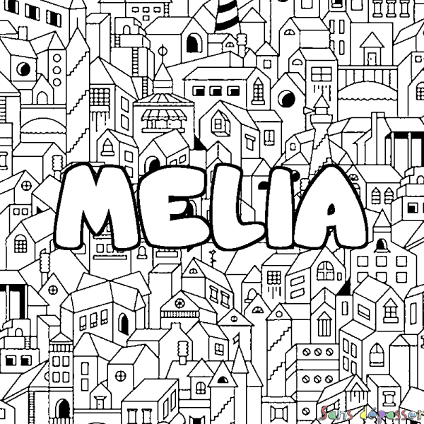 Coloriage prénom MELIA - d&eacute;cor Ville