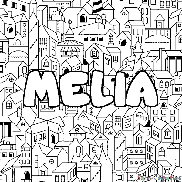 Coloriage pr&eacute;nom MELIA - d&eacute;cor Ville