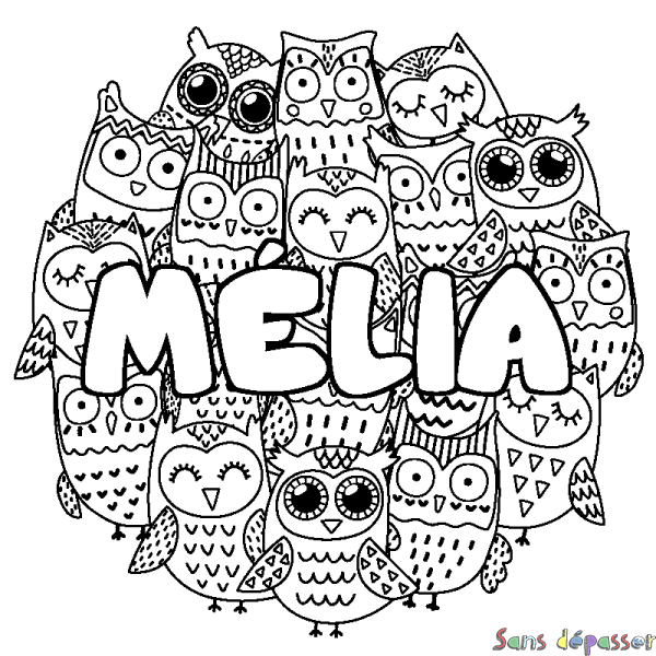 Coloriage pr&eacute;nom M&Eacute;LIA - d&eacute;cor Chouettes
