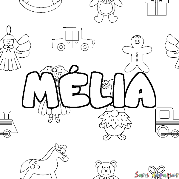 Coloriage pr&eacute;nom M&Eacute;LIA - d&eacute;cor Jouets