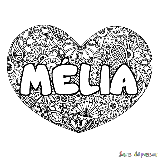 Coloriage pr&eacute;nom M&Eacute;LIA - d&eacute;cor Mandala coeur