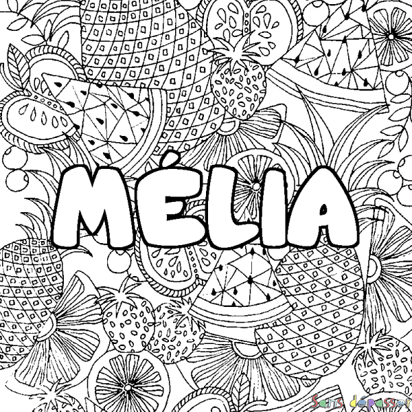 Coloriage pr&eacute;nom M&Eacute;LIA - d&eacute;cor Mandala fruits