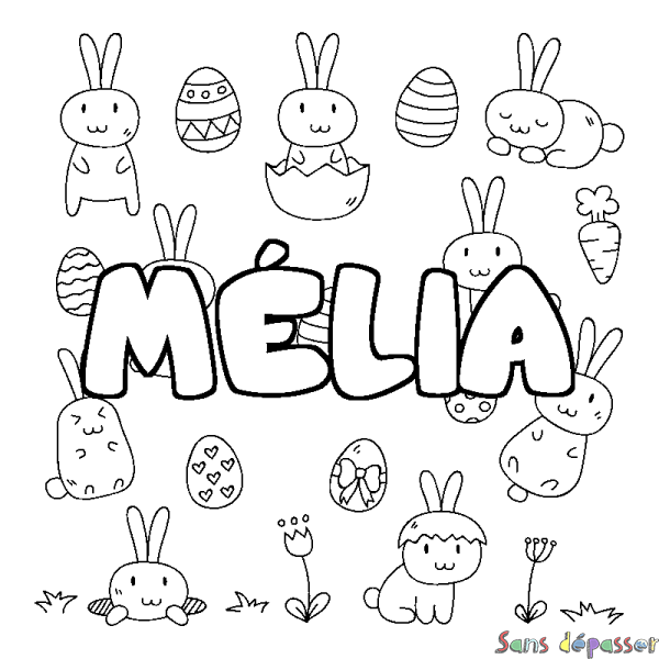 Coloriage pr&eacute;nom M&Eacute;LIA - d&eacute;cor Paques