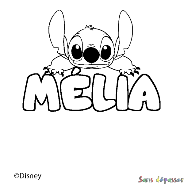 Coloriage pr&eacute;nom M&Eacute;LIA - d&eacute;cor Stitch