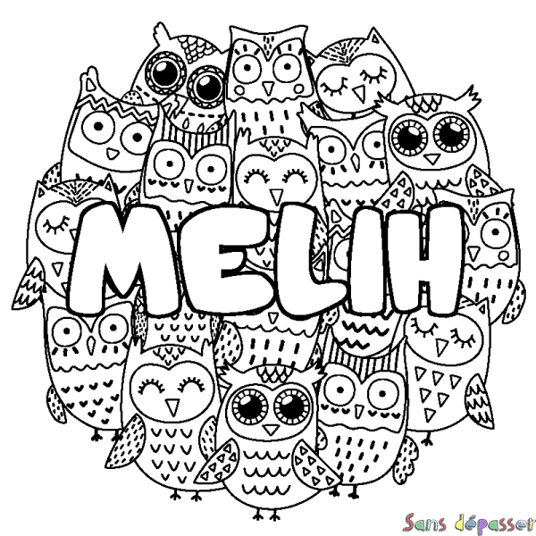 Coloriage pr&eacute;nom MELIH - d&eacute;cor Chouettes