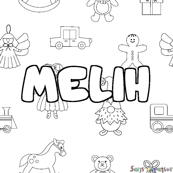 Coloriage pr&eacute;nom MELIH - d&eacute;cor Jouets