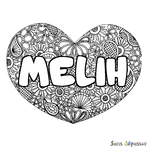 Coloriage pr&eacute;nom MELIH - d&eacute;cor Mandala coeur
