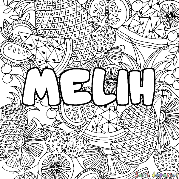 Coloriage prénom MELIH - d&eacute;cor Mandala fruits