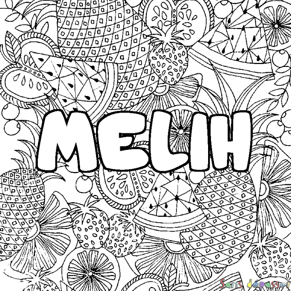 Coloriage pr&eacute;nom MELIH - d&eacute;cor Mandala fruits
