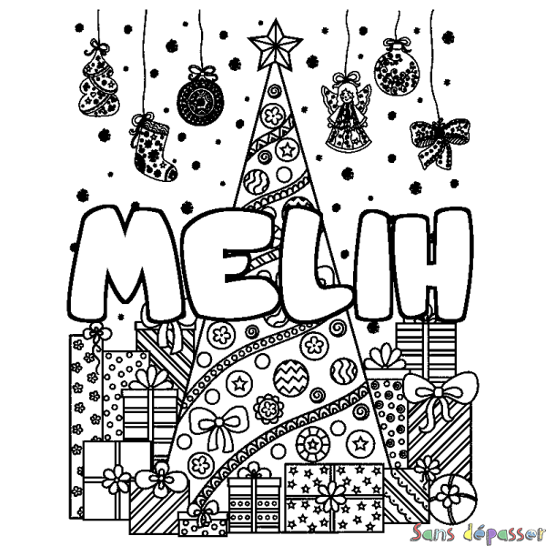 Coloriage pr&eacute;nom MELIH - d&eacute;cor Sapin et Cadeaux