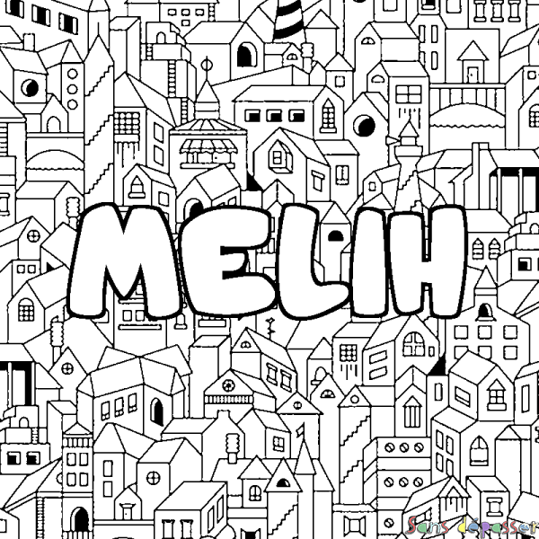 Coloriage pr&eacute;nom MELIH - d&eacute;cor Ville