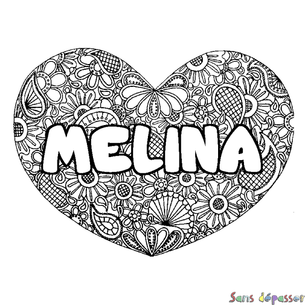 Coloriage prénom MELINA - d&eacute;cor Mandala coeur