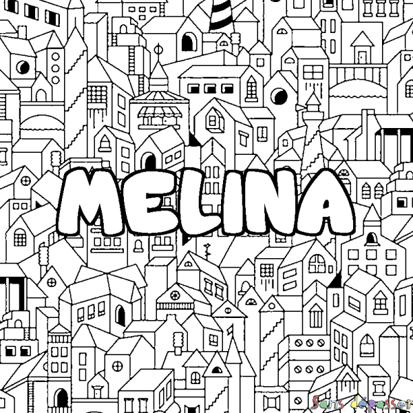 Coloriage pr&eacute;nom MELINA - d&eacute;cor Ville