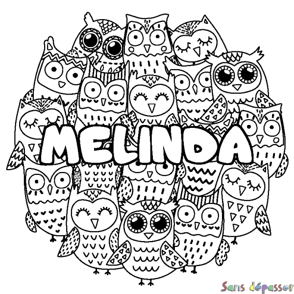 Coloriage pr&eacute;nom MELINDA - d&eacute;cor Chouettes