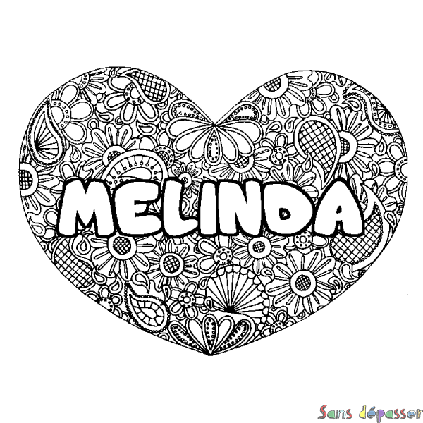 Coloriage prénom MELINDA - d&eacute;cor Mandala coeur
