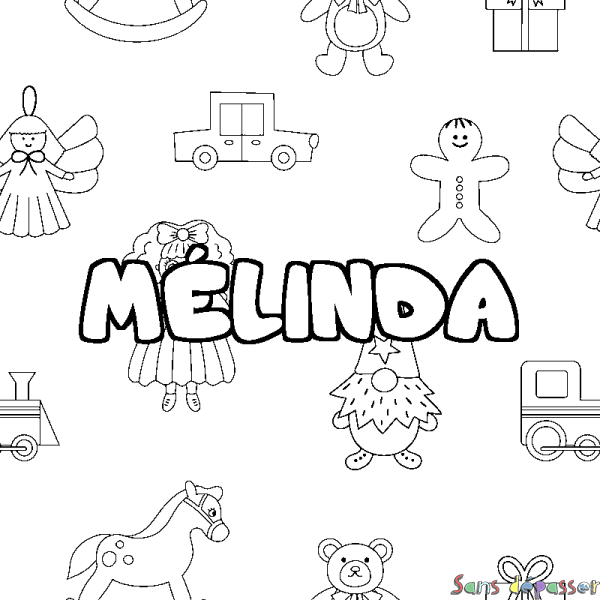 Coloriage pr&eacute;nom M&Eacute;LINDA - d&eacute;cor Jouets