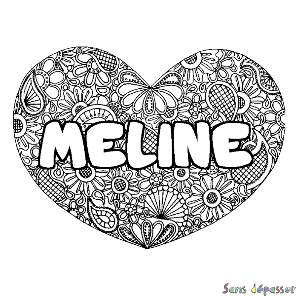 Coloriage prénom MELINE - d&eacute;cor Mandala coeur