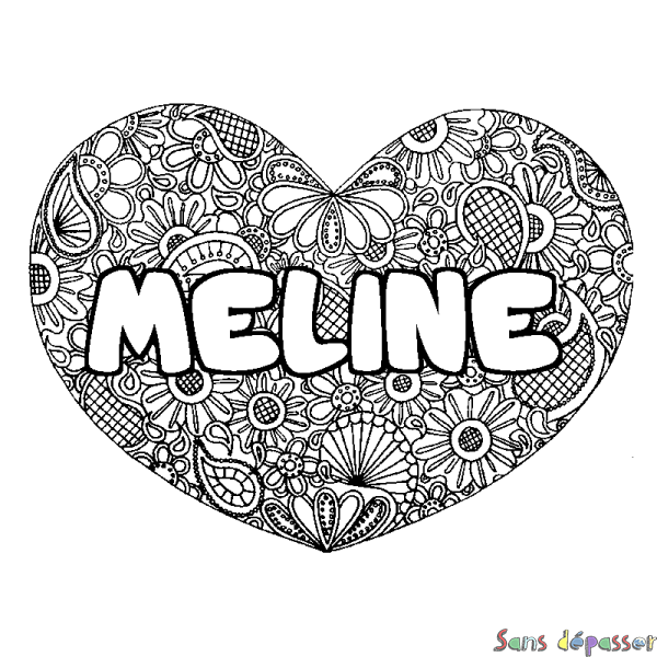 Coloriage pr&eacute;nom MELINE - d&eacute;cor Mandala coeur
