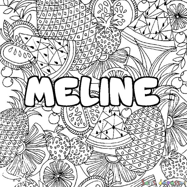 Coloriage pr&eacute;nom MELINE - d&eacute;cor Mandala fruits