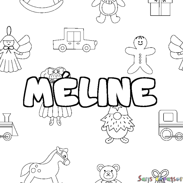 Coloriage pr&eacute;nom M&Eacute;LINE - d&eacute;cor Jouets