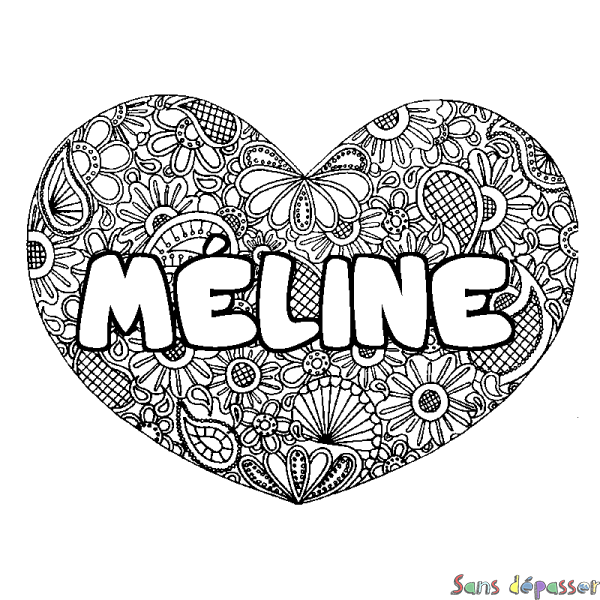 Coloriage pr&eacute;nom M&Eacute;LINE - d&eacute;cor Mandala coeur