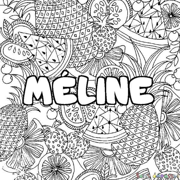 Coloriage pr&eacute;nom M&Eacute;LINE - d&eacute;cor Mandala fruits