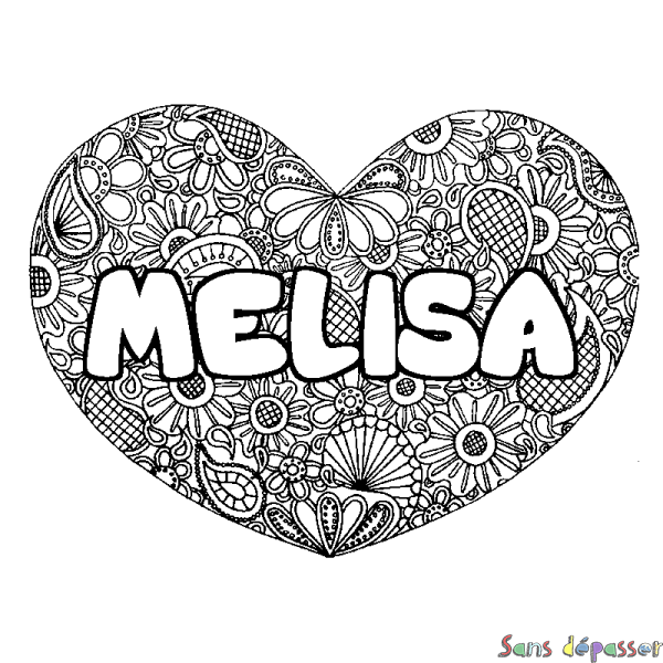 Coloriage pr&eacute;nom MELISA - d&eacute;cor Mandala coeur