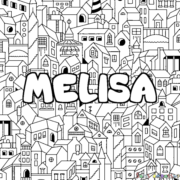 Coloriage pr&eacute;nom MELISA - d&eacute;cor Ville