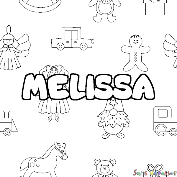 Coloriage pr&eacute;nom MELISSA - d&eacute;cor Jouets